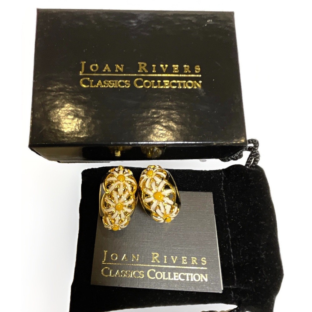 Joan Rivers Gold Tone White Enamel Daisy Oval Hoop Huggie Clip-On Earrings